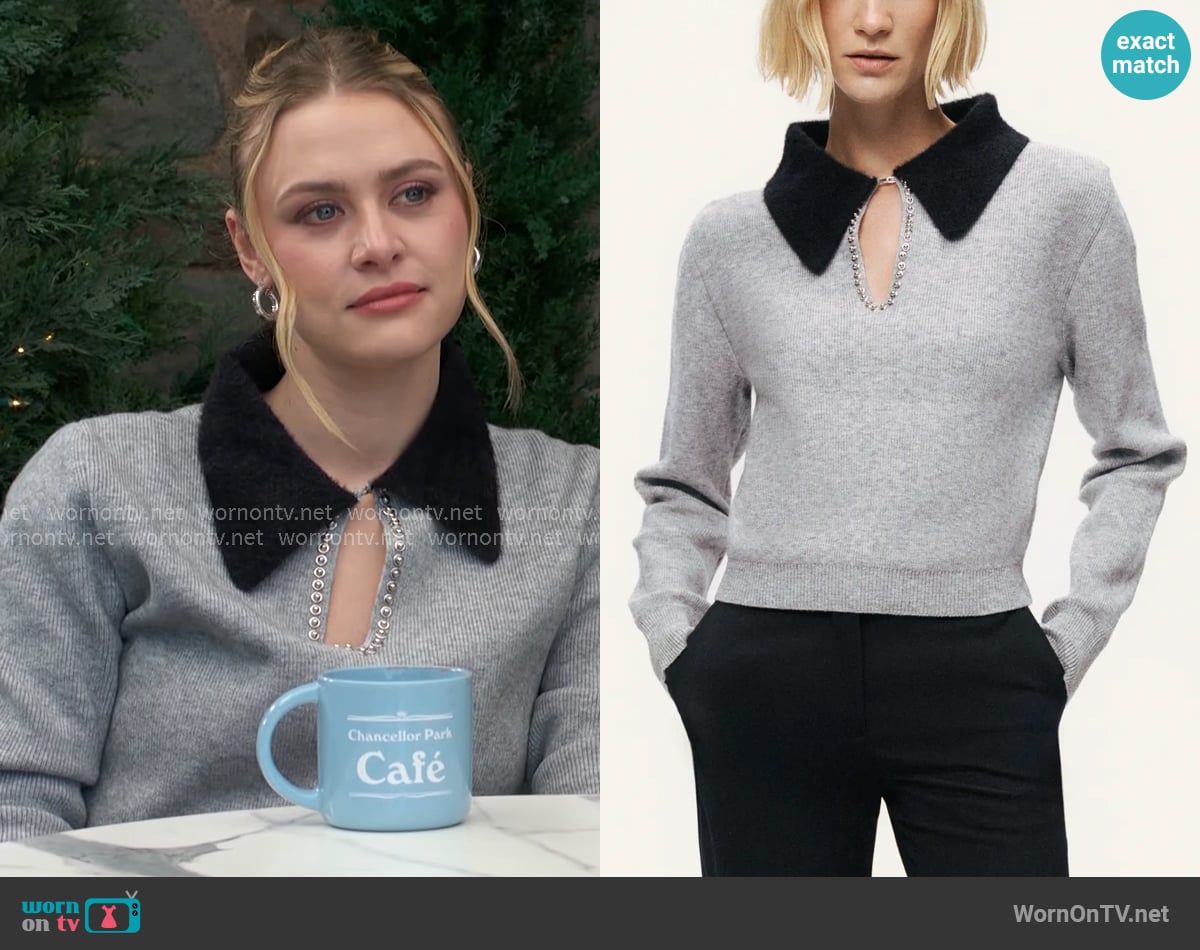 Nocturne Contrast Collar Keyhole Knit Sweater worn by Claire Grace (Hayley Erin) on The Young and the Restless