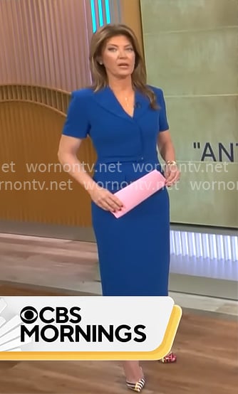 Norah O’Donnell’s blue short sleeve belted dress on CBS Mornings