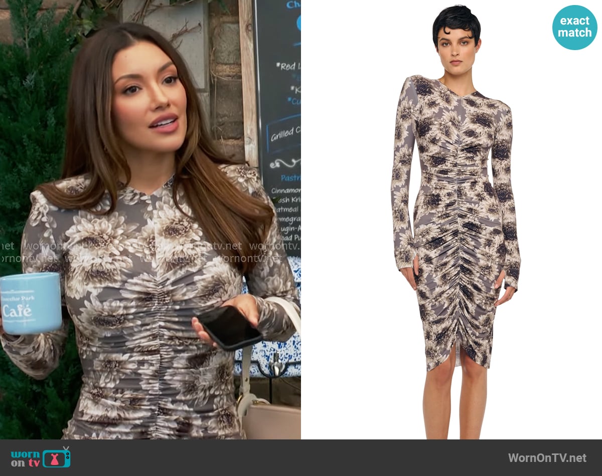 Norma Kamali Long Sleeve V Neck Shirred Front Dress in Fall Flowers worn by Audra Charles (Zuleyka Silver) on The Young and the Restless