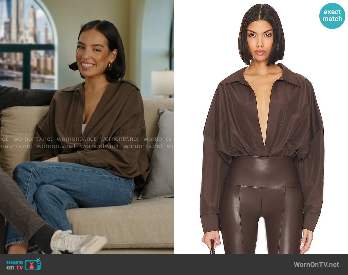 Norma Kamali Oversized Boyfriend Shirt Bodysuit in Chocolate worn by Danielle Olivera on In The City