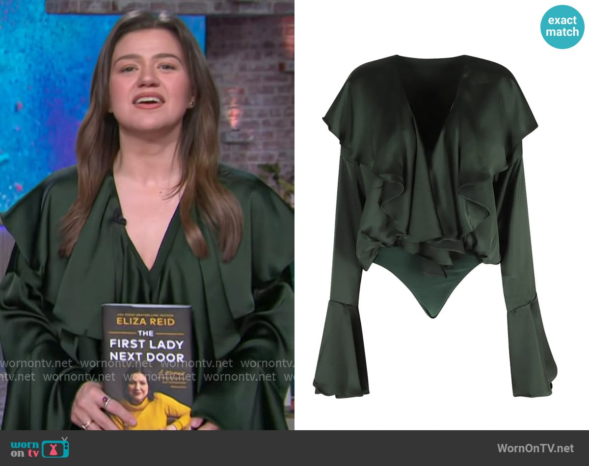 Norma Kamali Ruffled V-neck top worn by Kelly Clarkson on The Kelly Clarkson Show