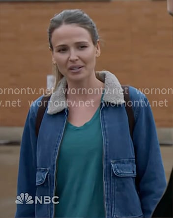 Novak’s denim jacket with sherpa collar on Chicago Fire