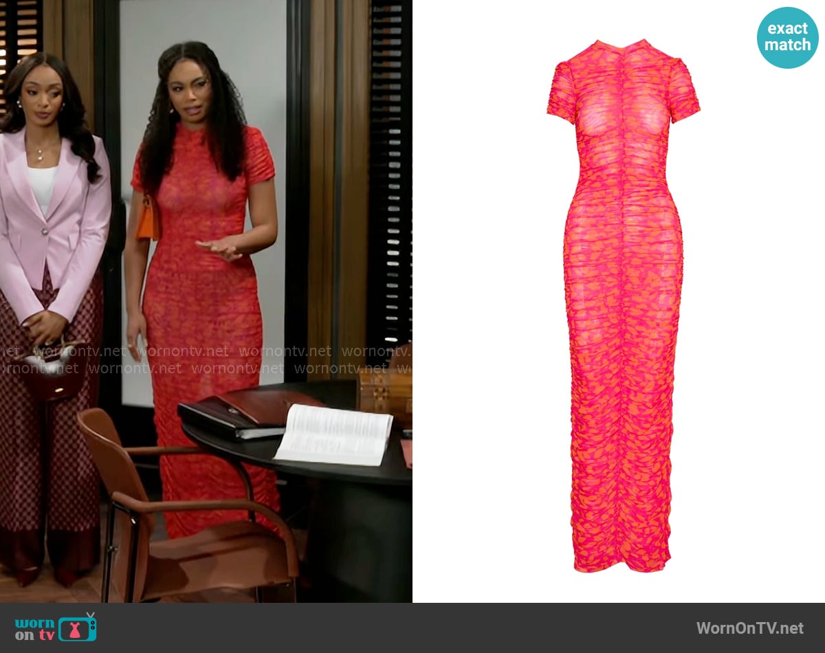 Ofuure Raye Ruched Maxi Mesh Dress worn by Chelsea Hamilton (RhonniRose Mantilla) on Beyond the Gates