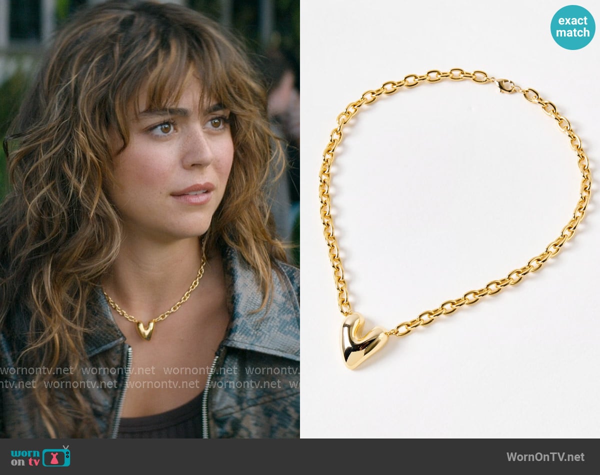 Oliver Bonas Kacey Gold Puffy Heart Necklace worn by Allie Hayes (Mika Abdalla) on Off Campus
