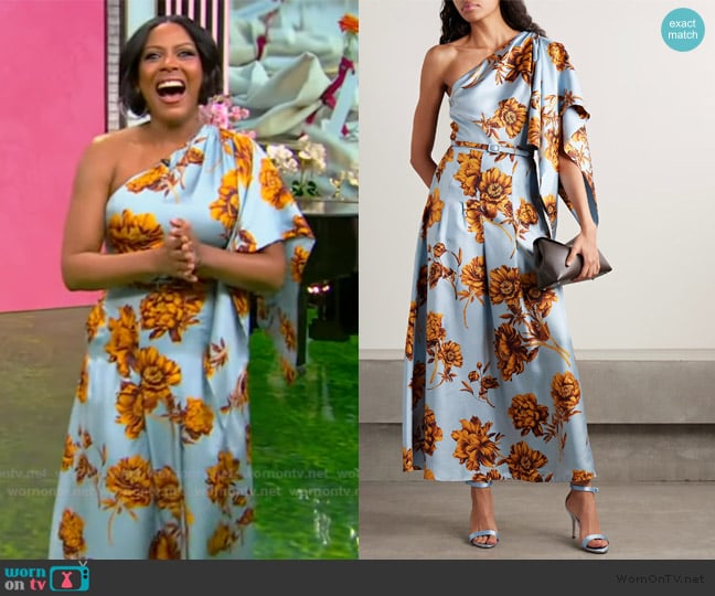 Oscar de la Renta One Shoulder Silk Drape Dress worn by Tamron Hall on Tamron Hall Show