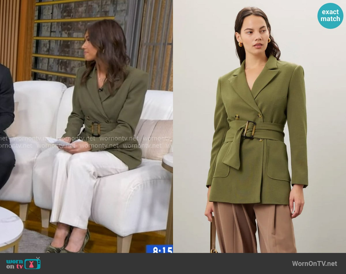Osman Yousefzada Belted Blazer in olive worn by Sophie Flay on Good Morning America