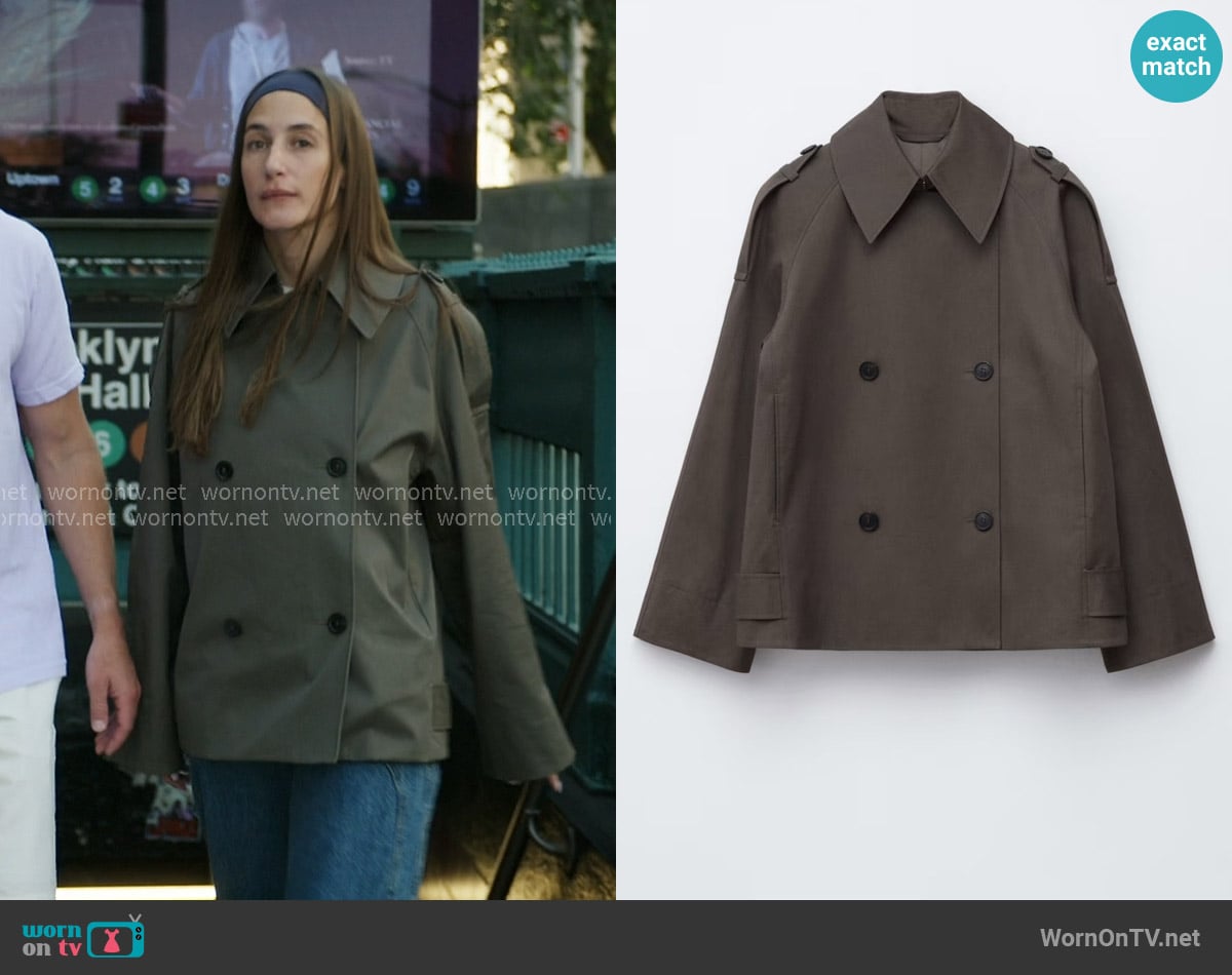 & Other Stories Double-Breasted Trench Jacket in Khaki Green worn by Amanda Batula on In The City