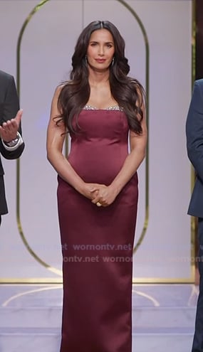Padma’s red embellished strapless gown on Americas Culinary Cup