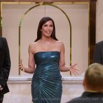Padma’s teal gathered strapless dress on Americas Culinary Cup