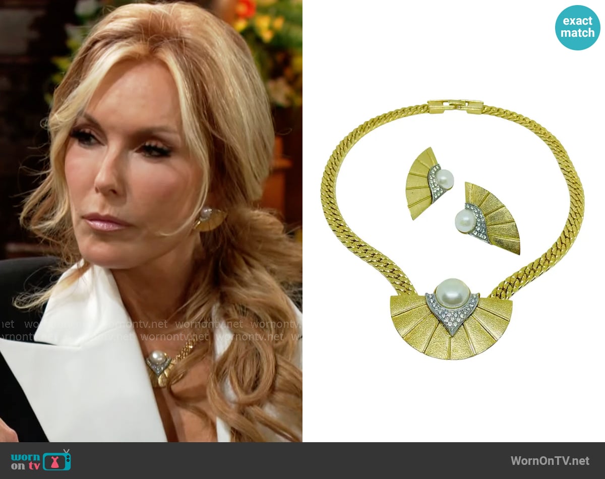 Park Lane Vintage Gold Pearl Rhinestones Necklace and Earrings worn by Lauren Fenmore (Tracey Bregman) on The Young and the Restless