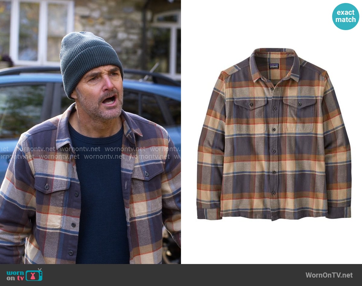Patagonia Fjord Flannel Shirt in Sunrise Ridge Forge Grey worn by Jack (Will Forte) on The Four Seasons
