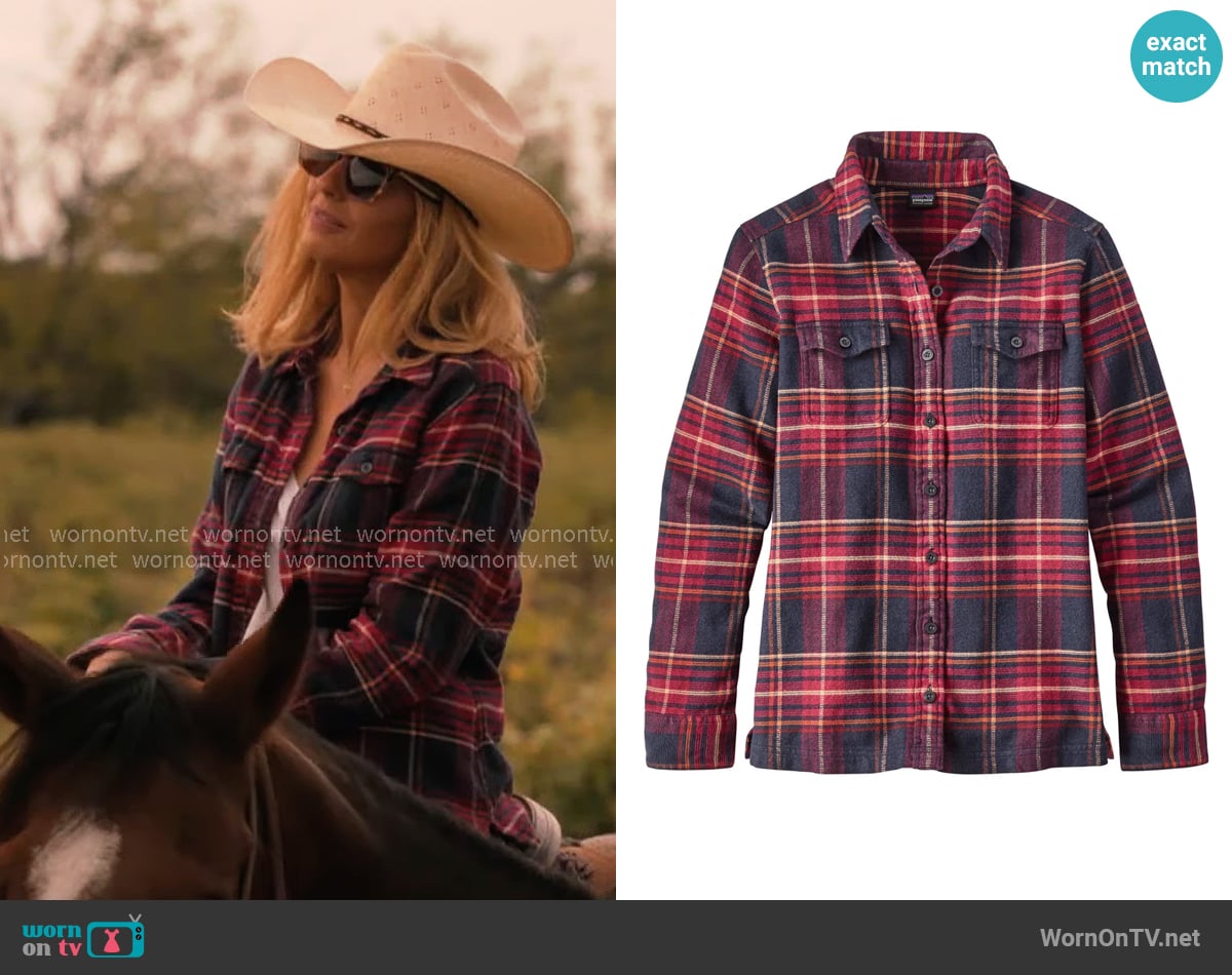 Patagonia Long-Sleeved Fjord Flannel Shirt in Big Sky Plaid Magenta worn by Beth Dutton (Kelly Reilly) on Dutton Ranch