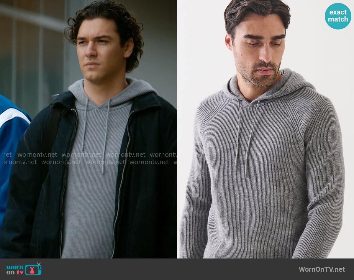 Patrick Assaraf Merino Ribbed Hoodie in Mist Shadow worn by Garrett Graham (Belmont Cameli) on Off Campus
