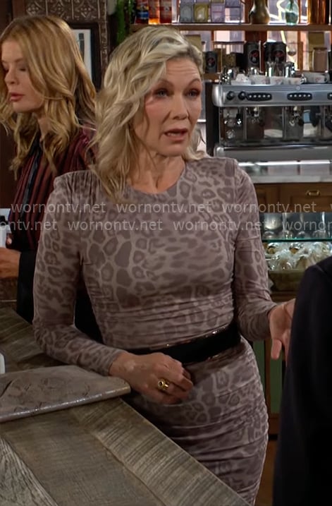 Patty’s beige leopard print dress on The Young and the Restless