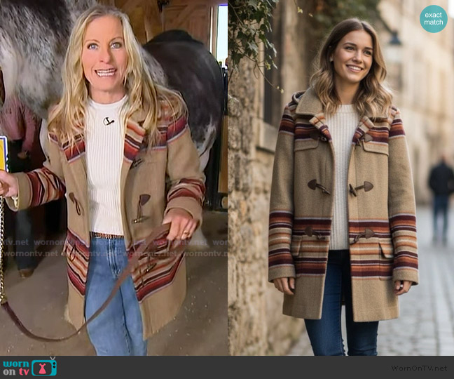 Pendleton Hooded Tan Wool Striped Toggle Coat worn by Becky Worley on Good Morning America