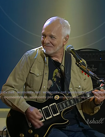 Peter Frampto’s black graphic print tee and beige western shirt on Today