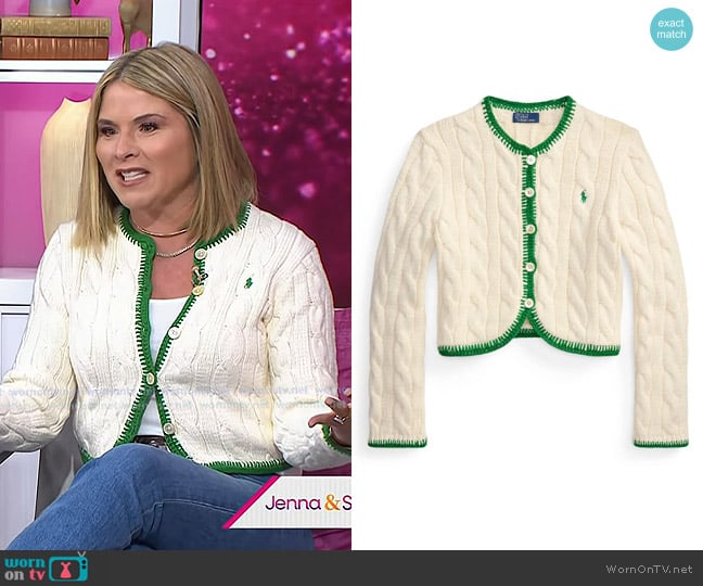 Polo Ralph Lauren Whipstitch Trim Cable Stitch Cardigan in Cricket Cream worn by Jenna Bush Hager on Today