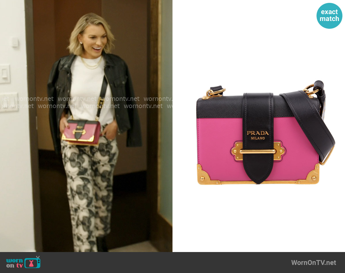 Prada Cahier Small Crossbody Bag in Saffiano Pink worn by Lindsay Hubbard on In The City