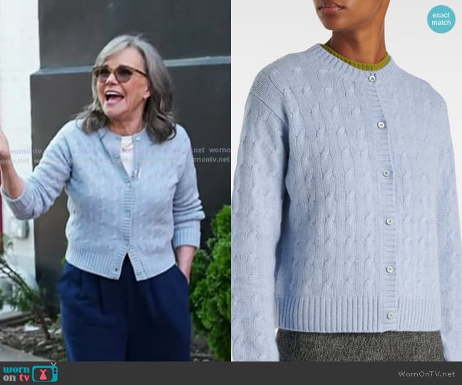 Prada Re-Cashmere Cable-knit Cardigan in Blue worn by Sally Field on Today