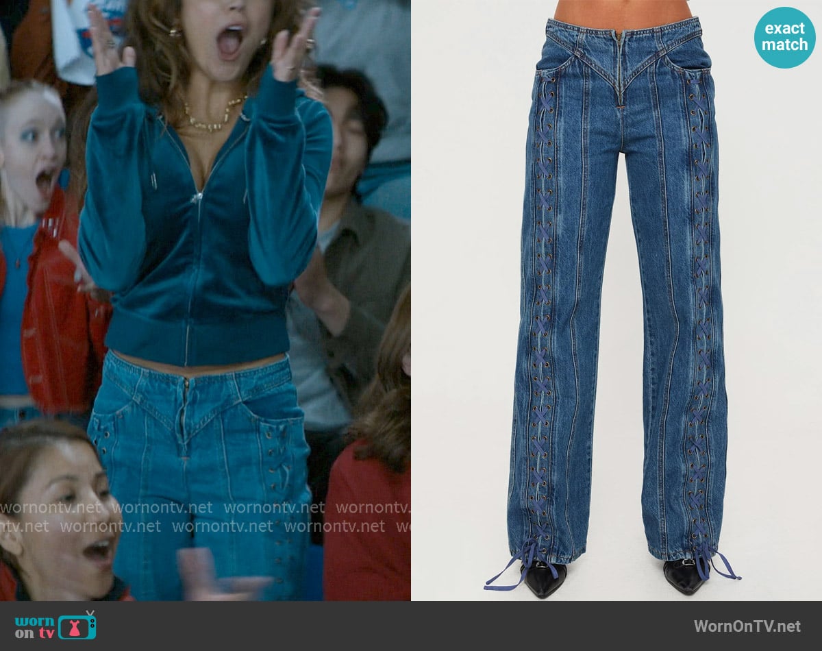 Princess Polly Day Dream Mid Rise Straight Leg Jeans Dark Blue Wash worn by Allie Hayes (Mika Abdalla) on Off Campus
