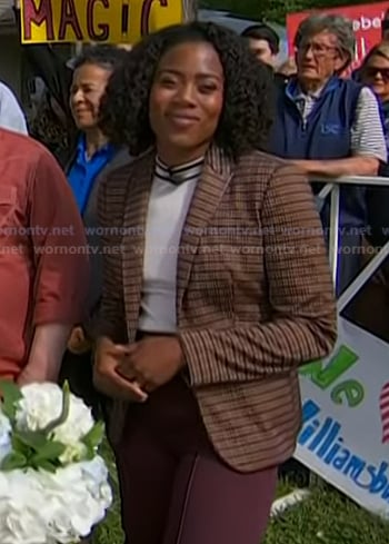 Priscilla Thompson’s white mock neck top and brown plaid blazer on Today