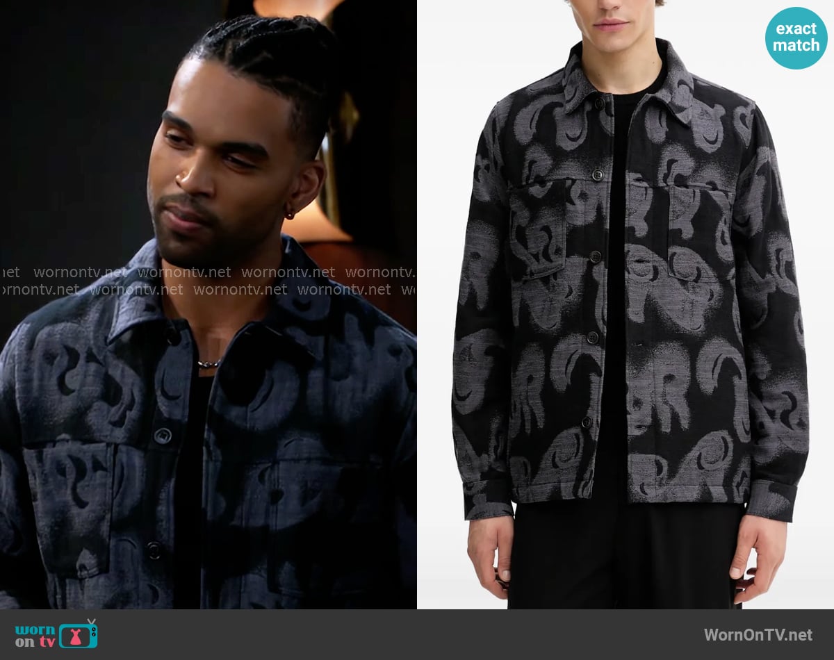 Izaiah’s black and grey printed jacket on Beyond the Gates Izaiah’s black and grey printed jacket on Beyond the Gates