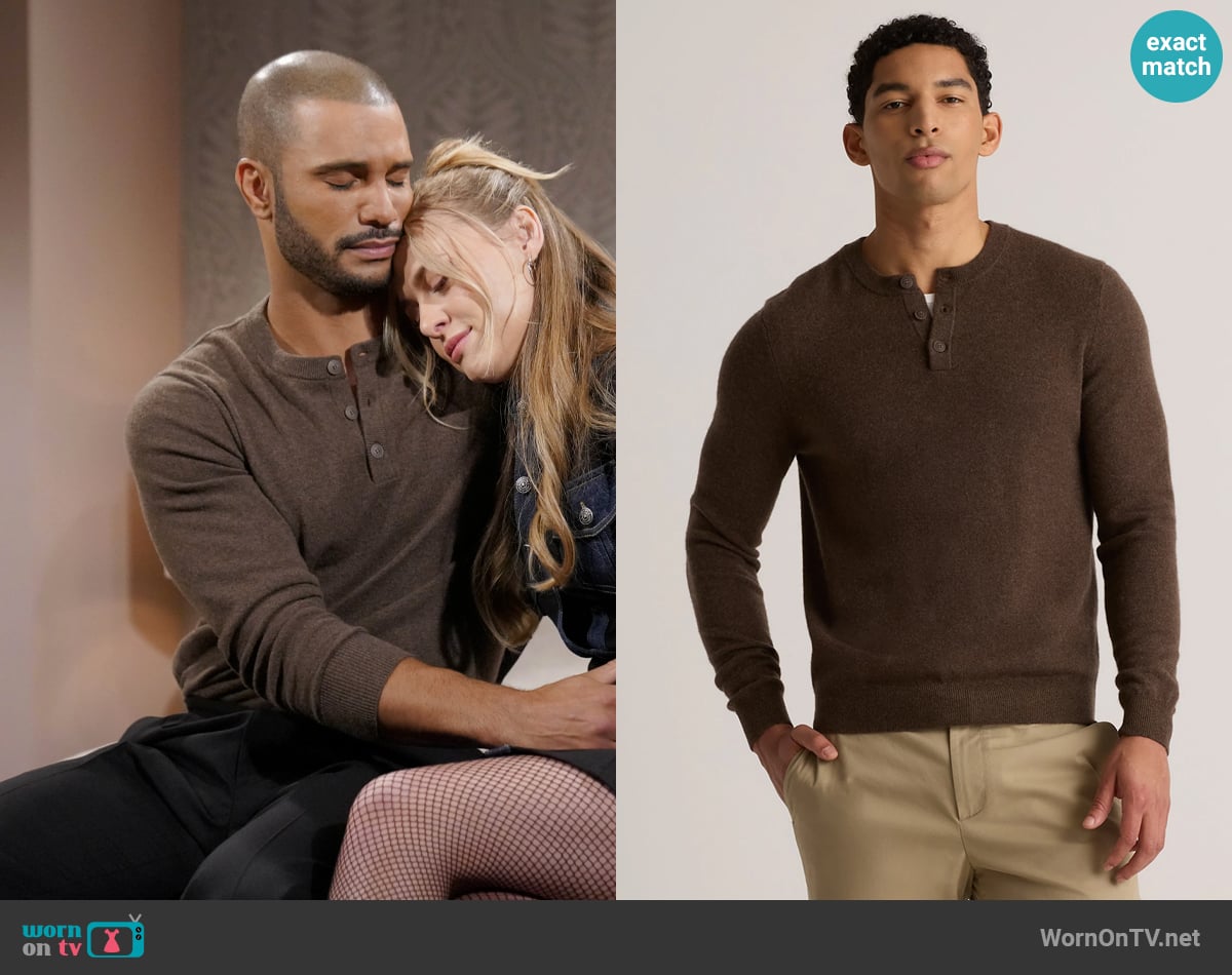 Quince Mongolian Cashmere Henley Sweater in Brown worn by Holden Novak (Nathan Owens) on The Young and the Restless