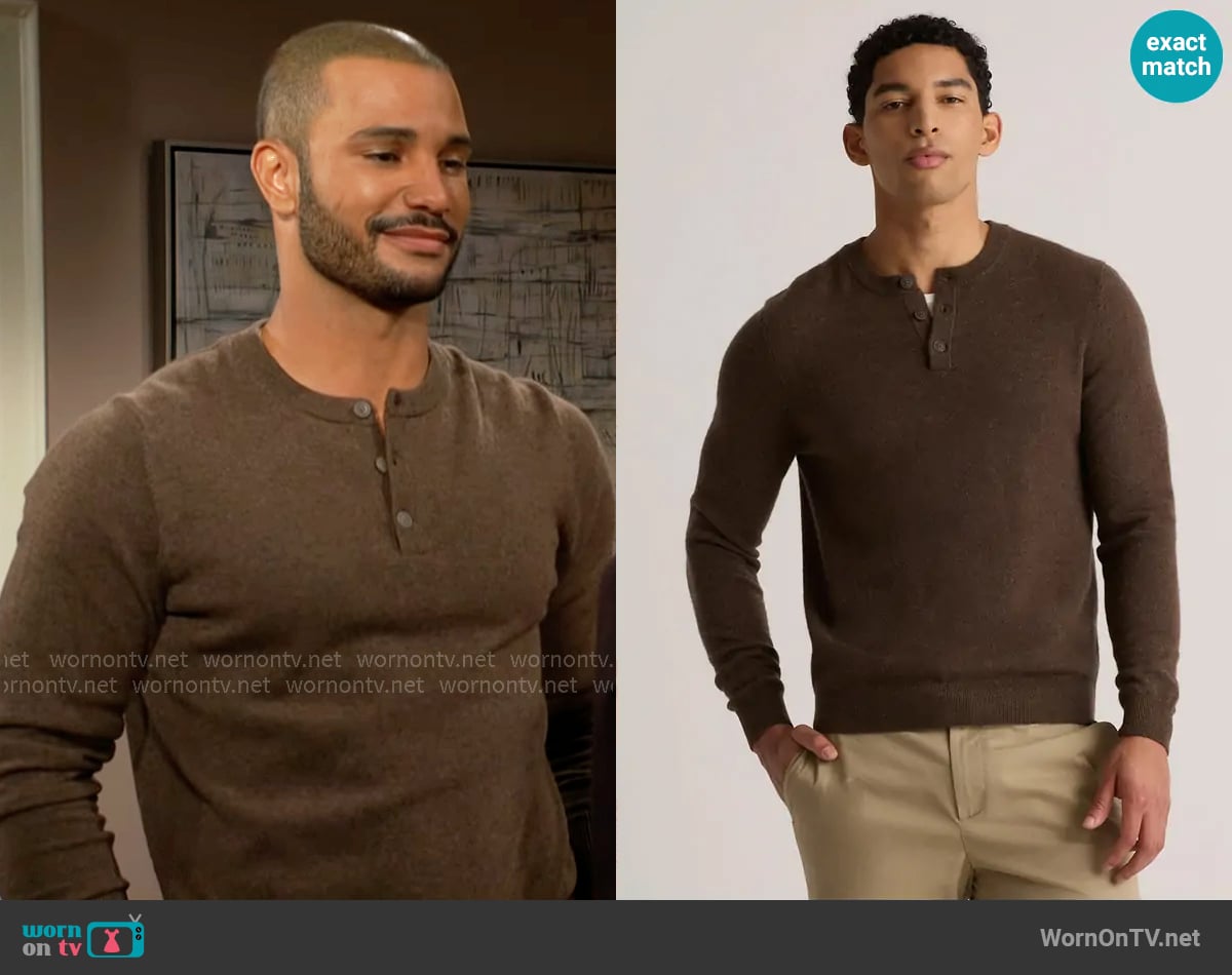 Quince Mongolian Cashmere Henley Sweater in Brown worn by Holden Novak (Nathan Owens) on The Young and the Restless