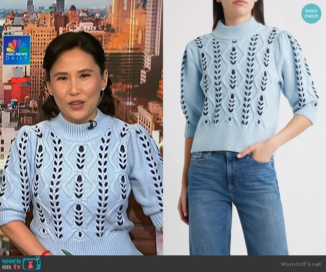 Rails Addy Cable Stitch Sweater in Sky Navy Cables worn by Vicky Nguyen on NBC News Daily
