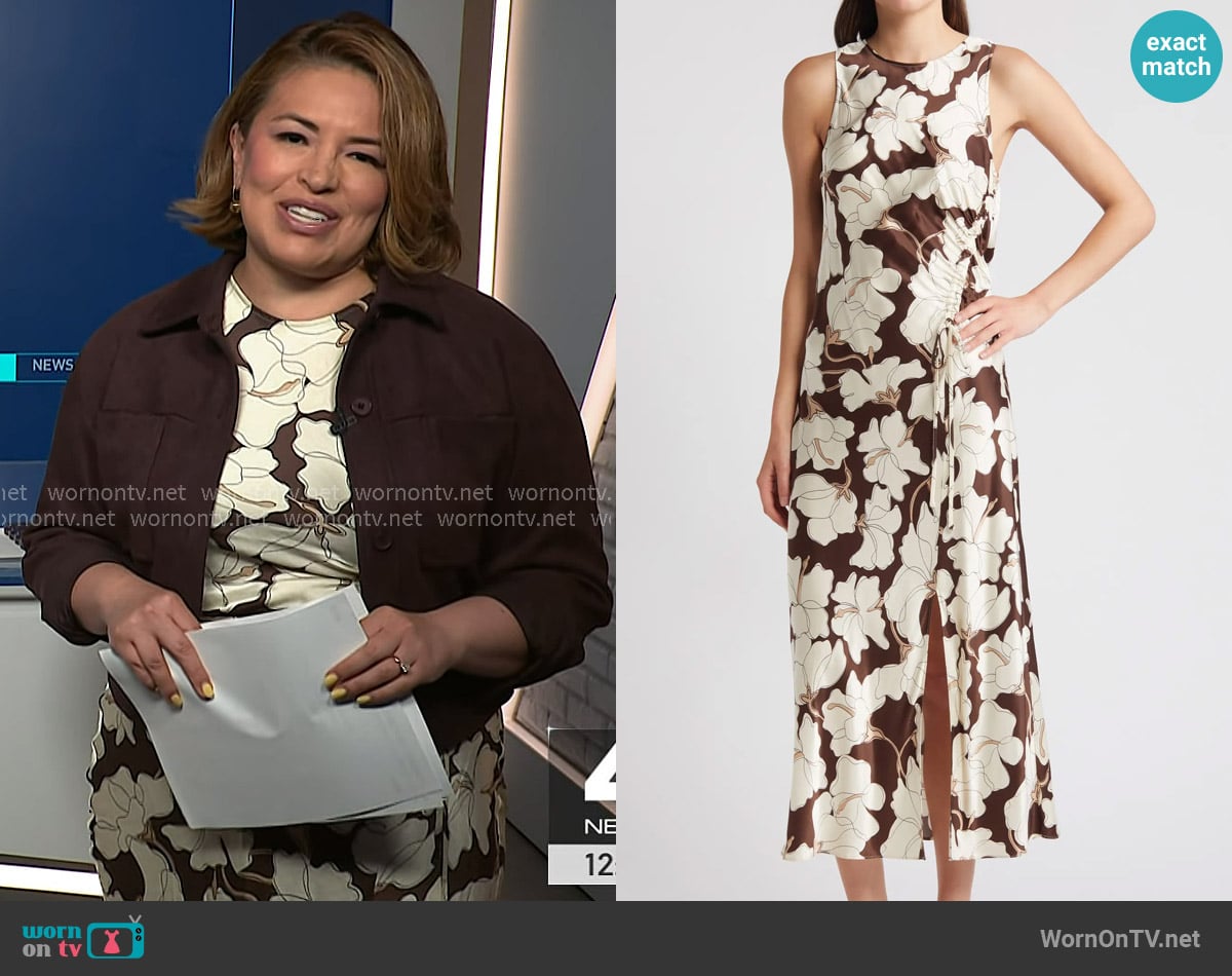 Rails Gabriella Floral Ruched Satin Midi Dress worn by Gilma Avalos on NBC News Daily