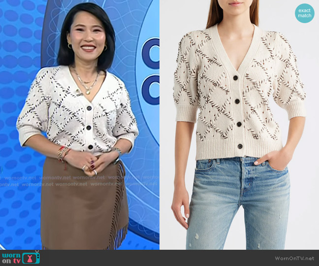 Rails Isla Whipstitch Elbow Sleeve Cardigan in Oat worn by Vicky Nguyen on Today