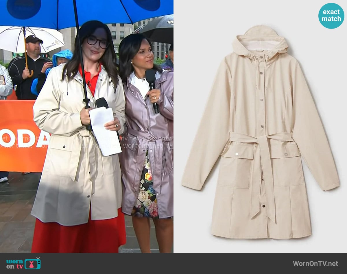 Rains Curve W Long Jacket W3 in Dune worn by Savannah Sellers on Today