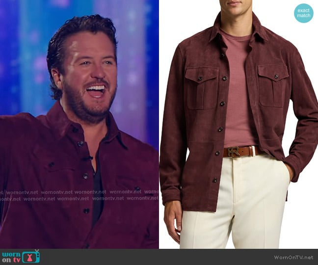 Ralph Lauren Purple Label Suede Overshirt in Red Mahogany worn by Luke Bryan on American Idol