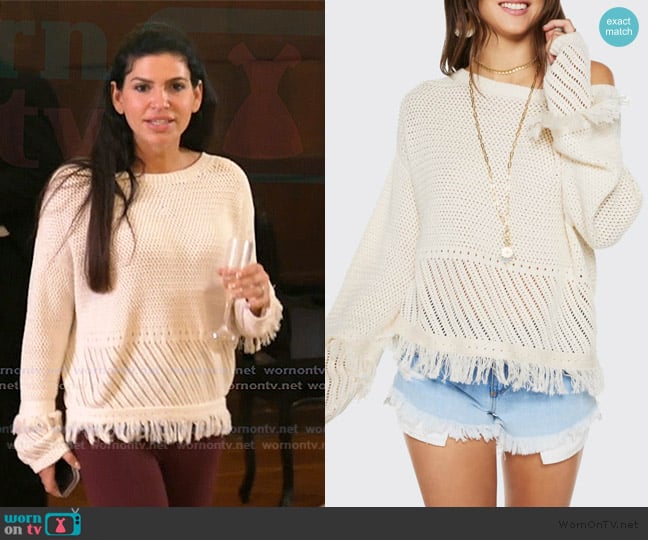 Ramy Brook Libby Fringe Sweater worn by Jo-Ellen Tiberi on The Real Housewives of Rhode Island