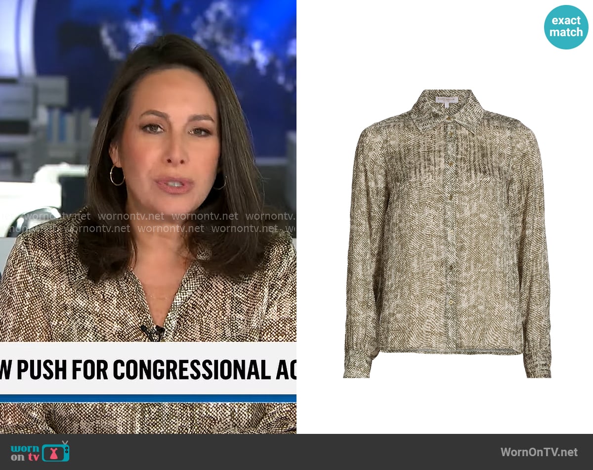 Ramy Brook Pauline Blouse in Olive Baja Dot worn by Nancy Cordes on CBS Mornings