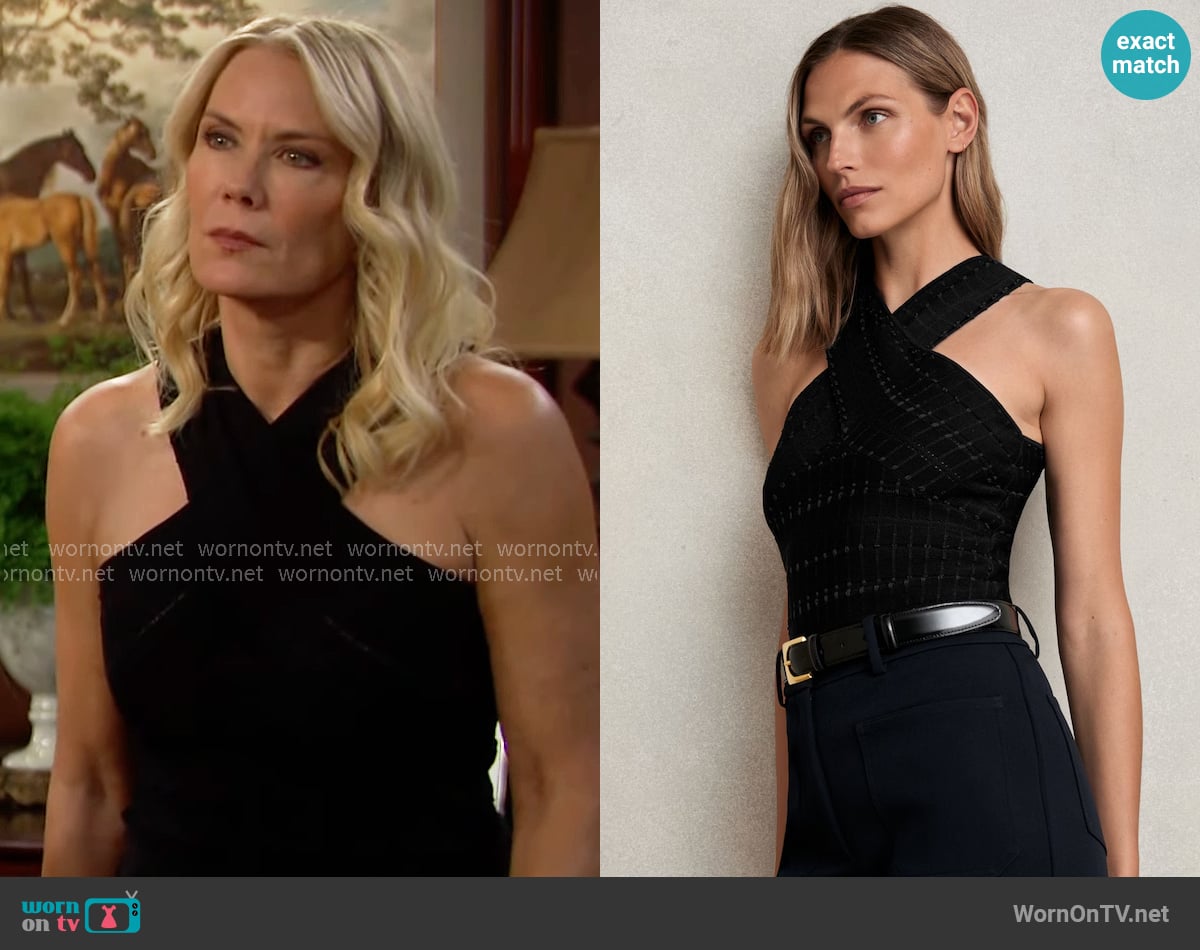 Reiss Alex Cross Neck Textured Top in Black worn by Brooke Logan (Katherine Kelly Lang) on The Bold and the Beautiful