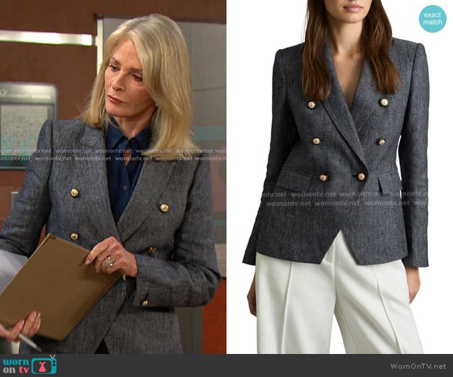 Reiss Baker Double Breasted Linen Blend Blazer in Navy worn by Marlena Evans (Deidre Hall) on Days of our Lives