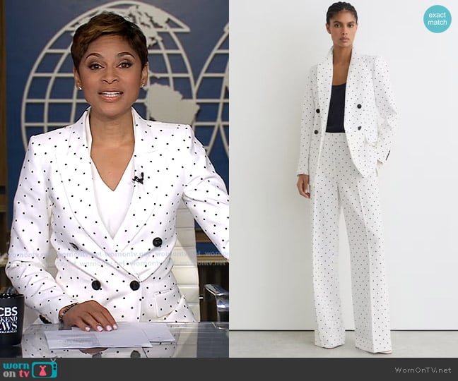 Jericka’s white polka dot blazer on CBS Evening News