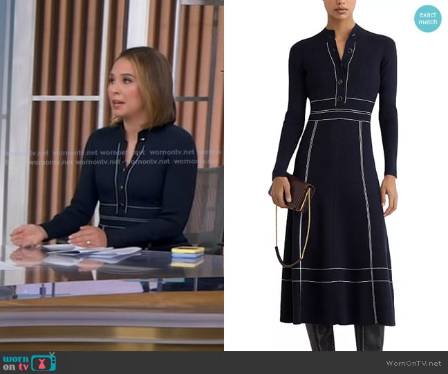 Reiss Charlie Contrast-Stitch Knitted Midi Dress in Navy worn by Elizabeth Schulze on Good Morning America