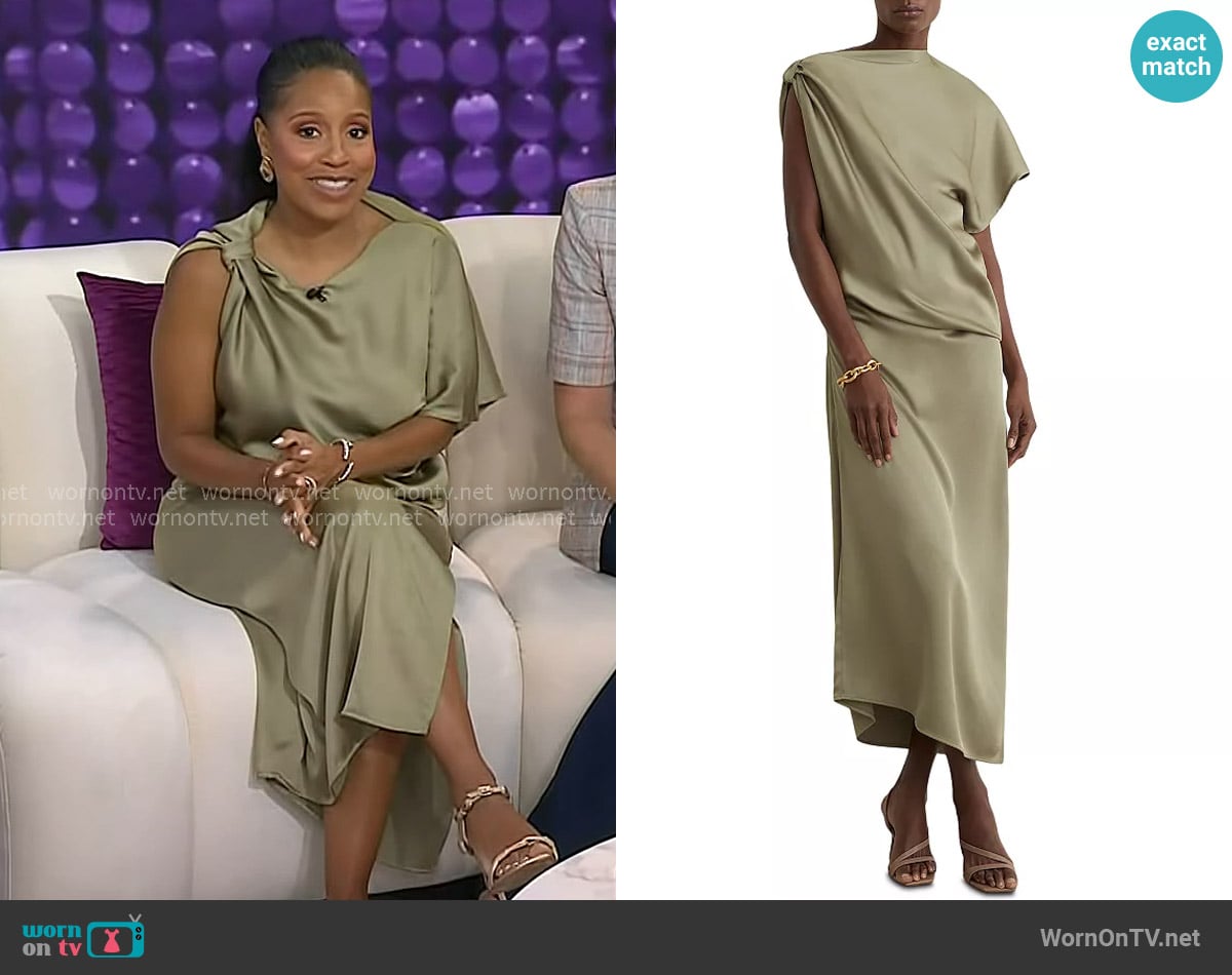 Sheinelle’s green knotted satin dress on Today Sheinelle’s green knotted satin dress on Today