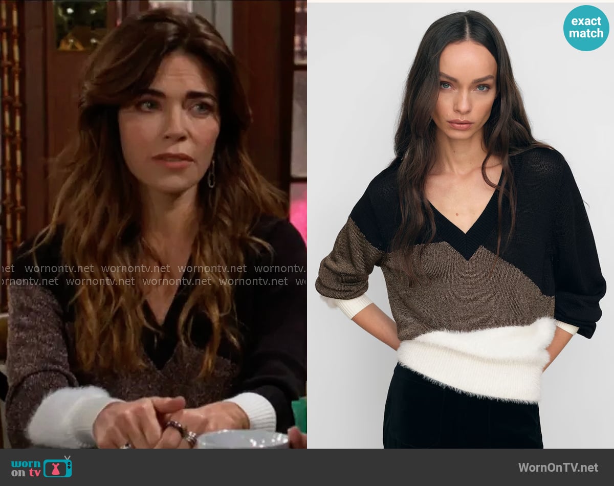 Reiss Harley Sweater in Black/White/Metallic worn by Victoria Newman (Amelia Heinle) on The Young and the Restless