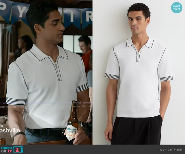 Reiss Mason Stitch-Detail Half-Zip Polo Shirt in White worn by Ravi Panikka (Anirudh Pisharody) on 9-1-1