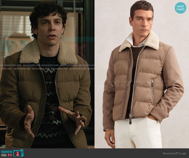 Reiss Maximus Wool-Sleeve Quilted Puffer Jacket in Light Brown worn by Teddy Tascioni (Ben Levi Ross) on Elsbeth