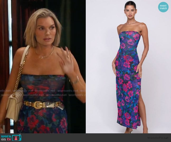 Resa Demi Mesh Dress Lanai Floral Strapless Maxi worn by Lindsay Hubbard on Summer House