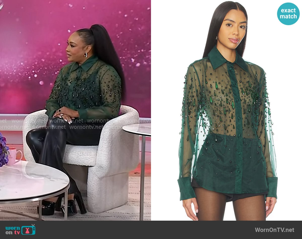 Vivica A. Fox’s green embellished sheer shirt on Today