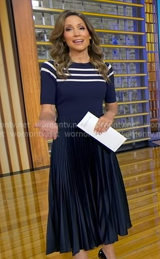Rhiannon’s navy stripe pleated dress on Good Morning America