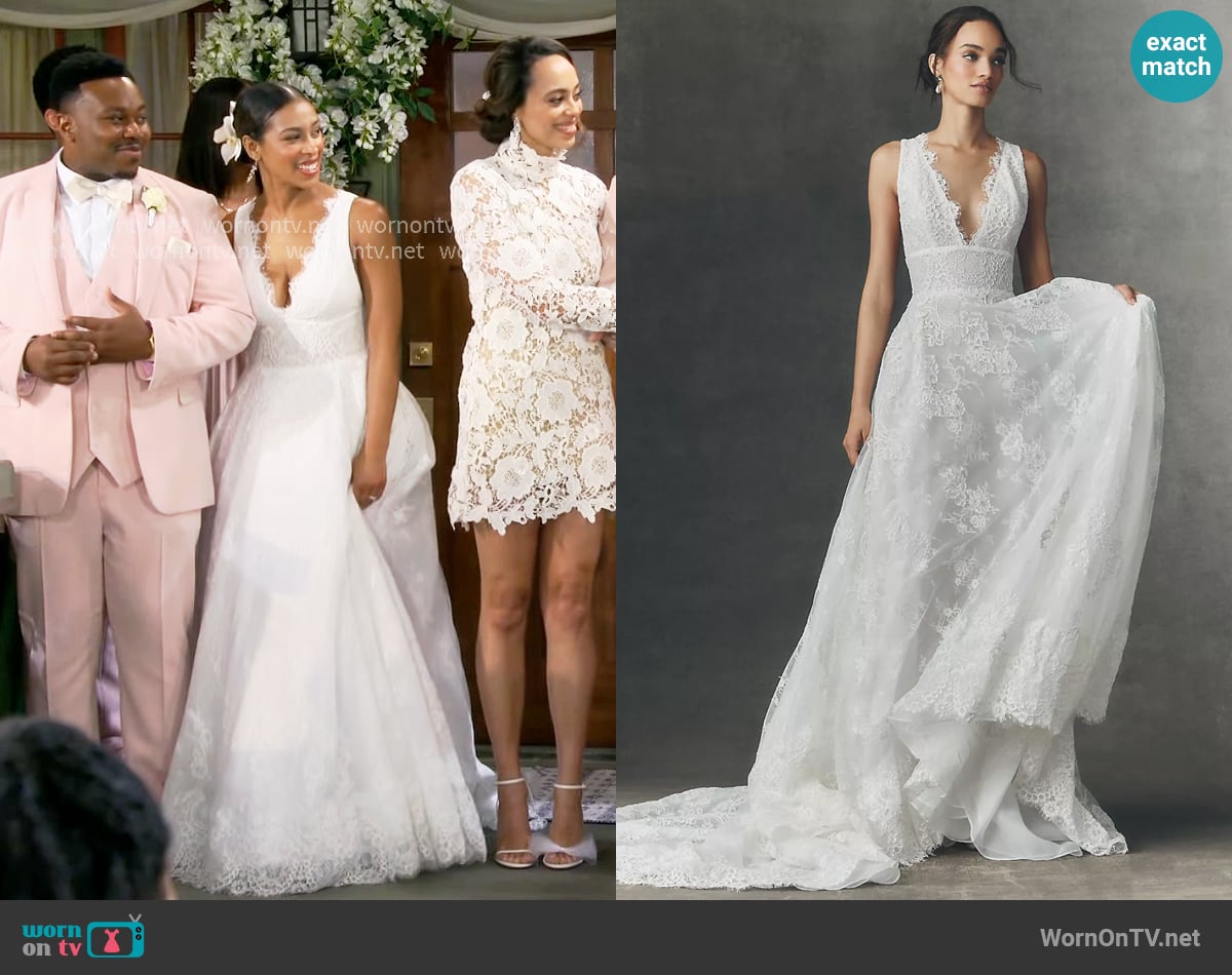 RISH Vayda V-Neck Lace A-Line Wedding Gown worn by Courtney (Skye Townsend) on The Neighborhood