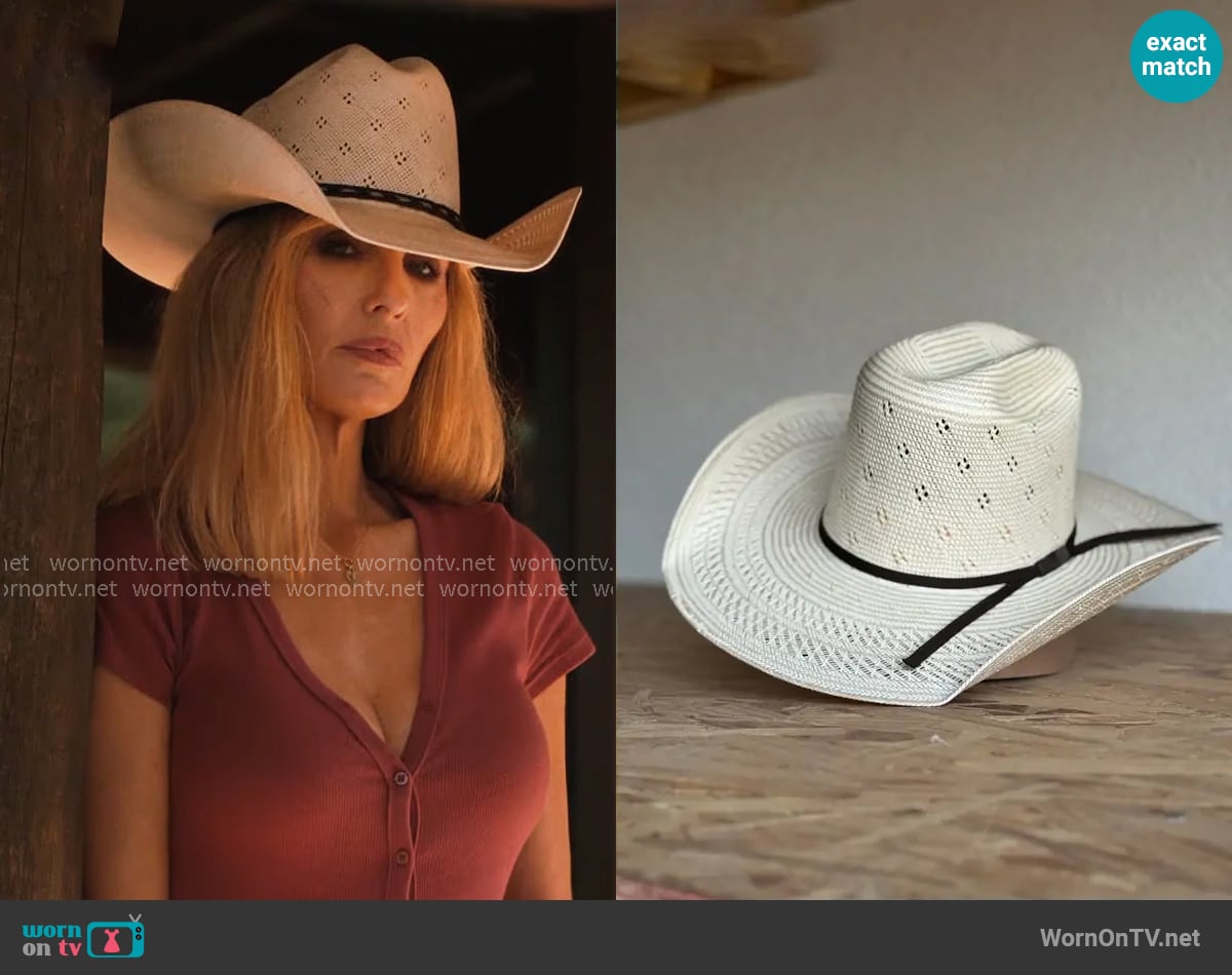 Rock'em Laredo 650 Straw Hat worn by Beth Dutton (Kelly Reilly) on Dutton Ranch