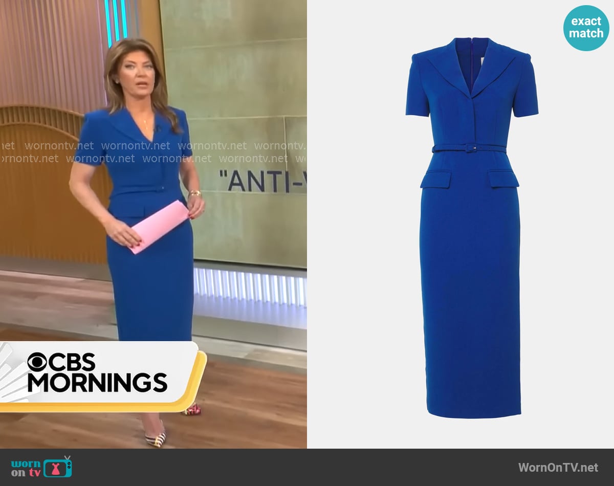 Roland Mouret Belted Cady Midi Dress worn by Norah O'Donnell on CBS Mornings