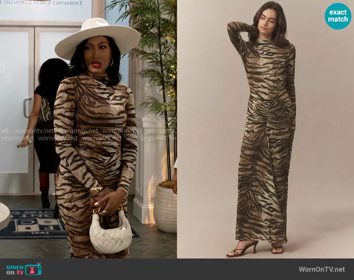 Ronny Kobo Scorpio Mock-Neck Ruched Jersey Maxi Dress worn by Dana 'Leslie' Thomas (Trisha Mann-Grant) on Beyond the Gates